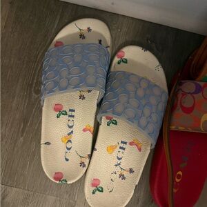 Coach Cream Slides with Blue Floral Design